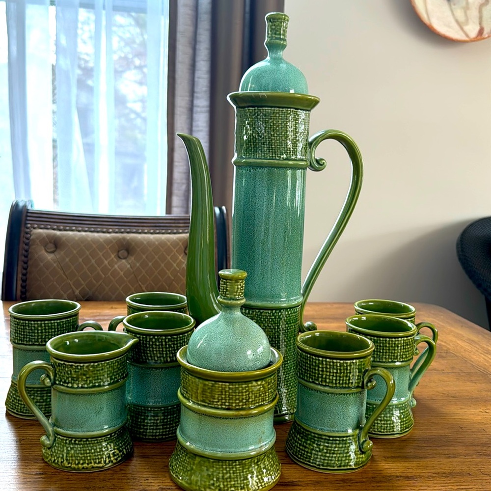 Vintage MCM Green Ceramic Coffee Set | Carafe 16 1/2 tall by 8 1/2 wide - Picture 4 of 17